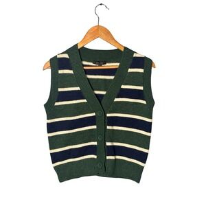 Witty Fox Green Striped Button Front Sweater Vest Size S Preppy V-Neck Knit